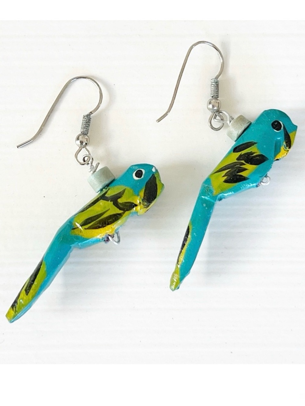 Vintage Wooden Parrot Earrings Hand Painted Tropical